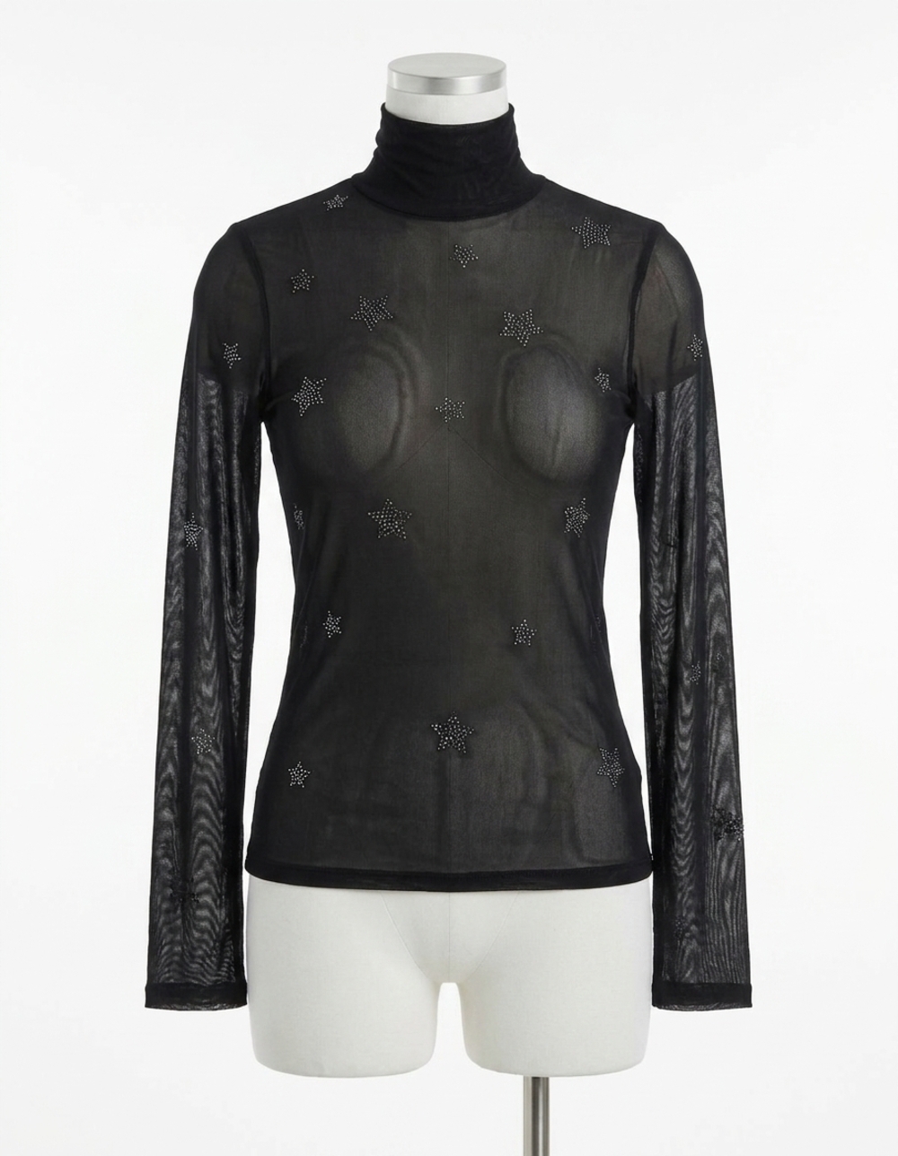 NEW CINQ A SEPT women star shirred mesh turtleneck top in black